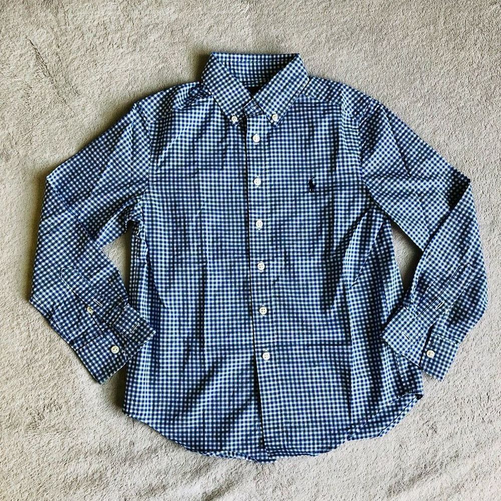NWOT Ralph Lauren Boys Natural Stretch Blue Checked Long Sleeve Button Down Shir